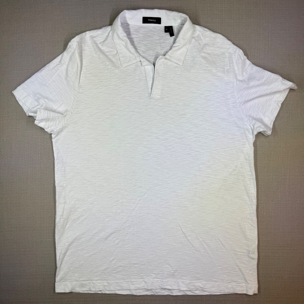 Theory Mens Willem Cosmos White Slub Cotton V-Neck Johnny Collar Polo Shirt XL